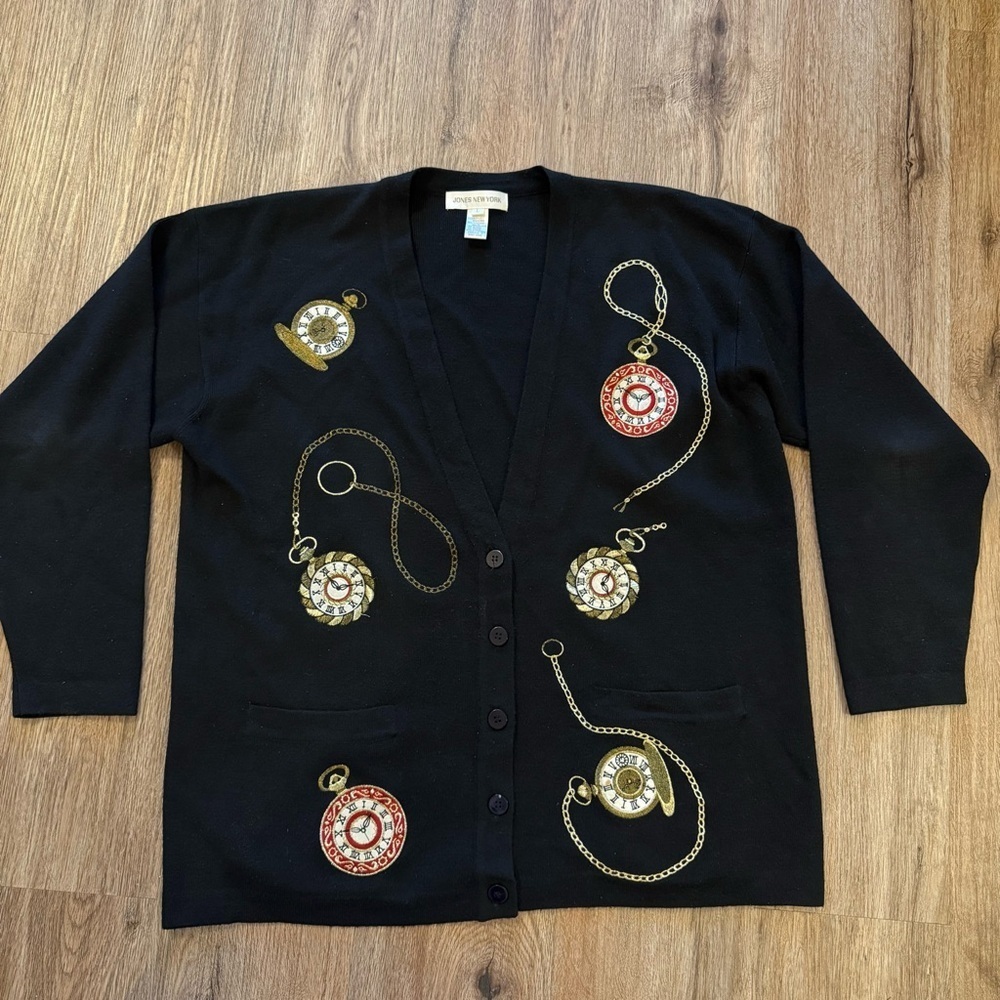 Jones New York Black V-Neck Cardigan Sweater Gold Embroidery Pocket Watches L